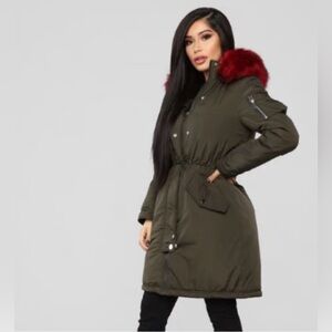 Olive Puffer with Red Faux Fur Hood